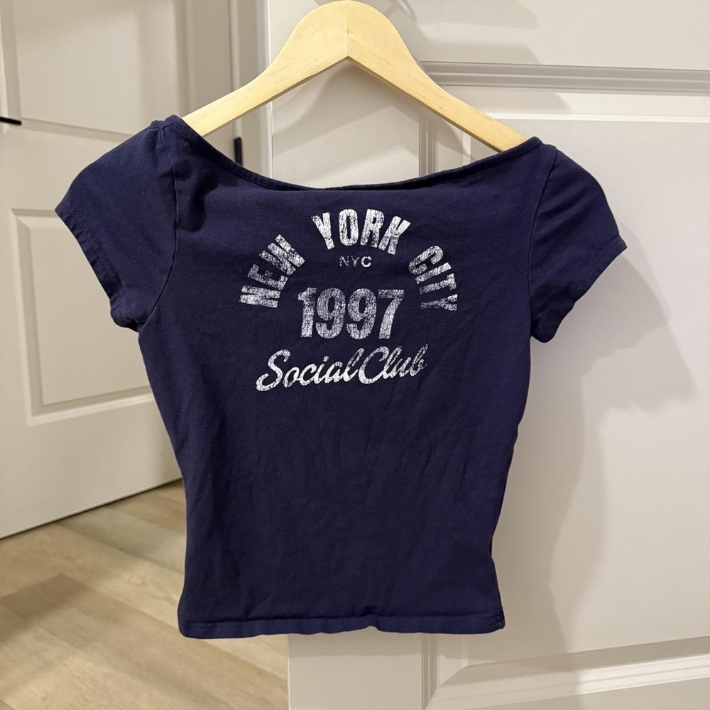 Navy Short-Sleeve Women’s Crop Top with '1997 Social Club' Graphic
